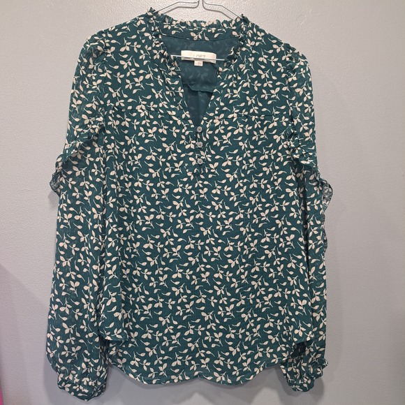 LOFT Tops - LOFT Small Teal Green Leaf Print Ruffle Chiffon Blouse Long Sleeve Top
